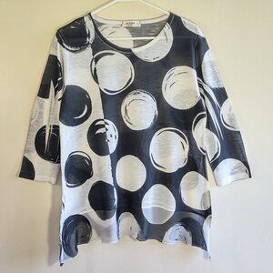 Jess and Jane Abstract Circles Top 3/4 Sleeve Asymmetrical Sheer Hem Artsy Small